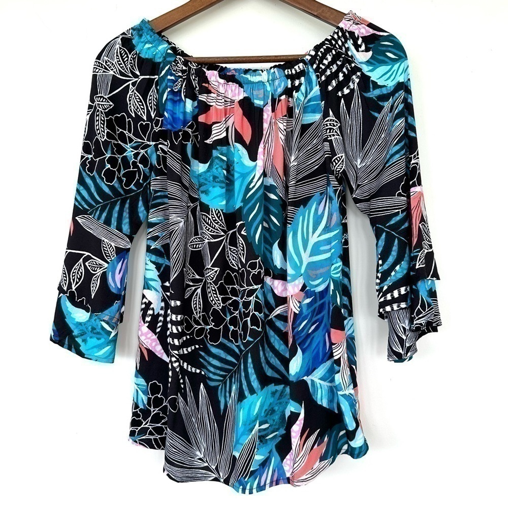 Venus top, raglan with 3/4 length bell  sleeves, elasticized neckline, tropical